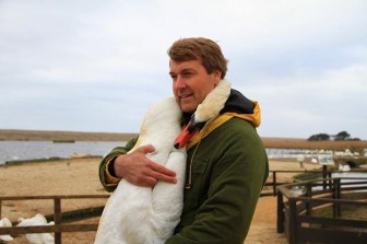 A duck hugs a man who saved her.